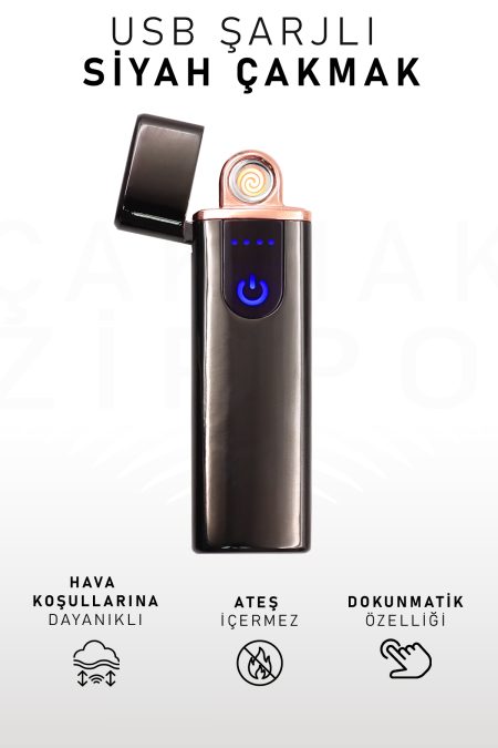 Çift Taraflı Elektrikli USB Şarjlı Siyah Çakmak